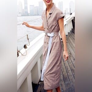 NEW Lela Rose Double Breasted Wool Belted Dress Gingham Chestnut Brown Blue 14
